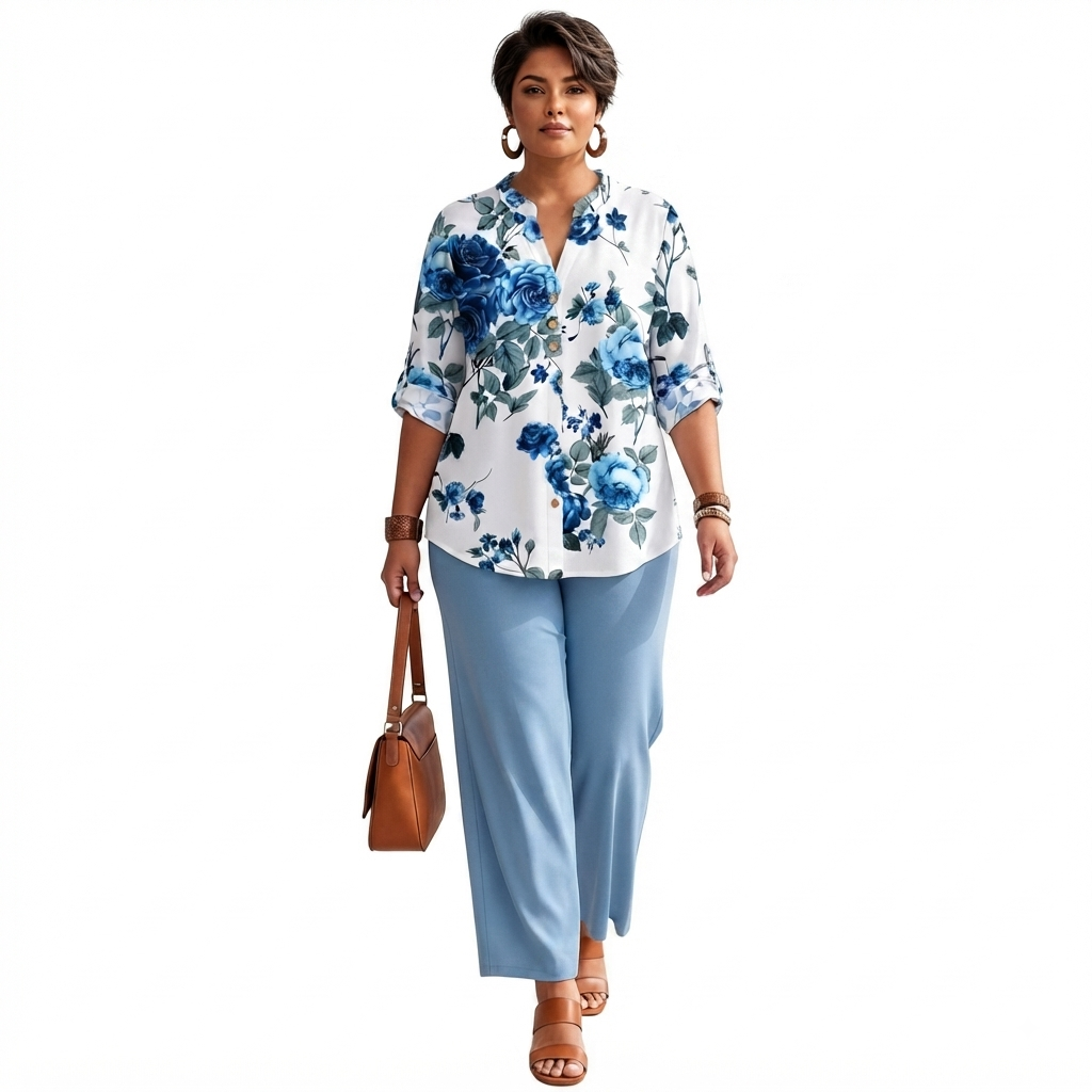 Mujer madura vistiendo conjunto Ibravacr de blusa floral naranja y pantalón beige de corte recto y fluido