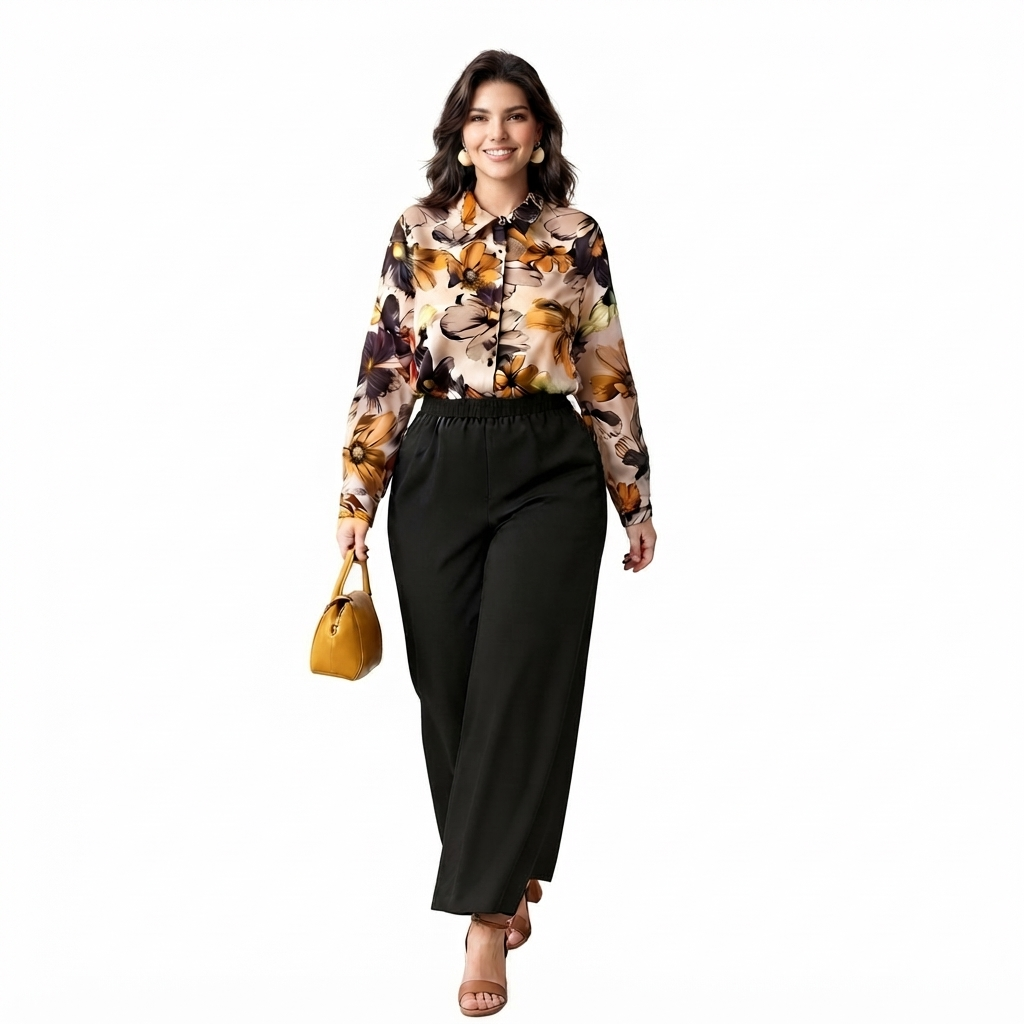 Modelo luciendo conjunto Ibravacr de blusa azul marino con cuello en V y pantalón de pierna ancha con estampado paisley