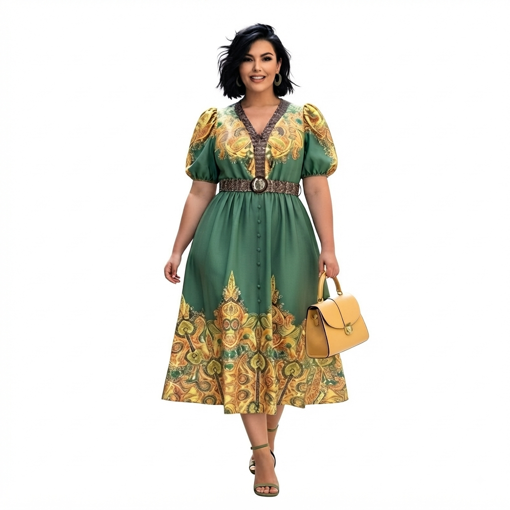 Mujer sonriente vistiendo un vestido midi verde Ibravacr con estampado floral, mangas acampanadas y bolso marrón