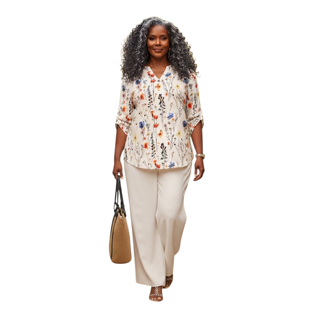 Modelo con blusa Ibravacr de estampado floral, escote en V y pantalones de pierna ancha color crema con bolso