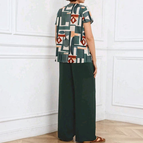 Conjunto Ibravacr de blusa estampada geométrica y pantalón verde de pierna ancha con caída fluida