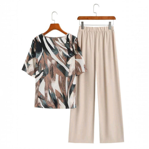 Conjunto de dos piezas Ibravacr con blusa de manga corta estampada abstracta y pantalón beige de corte recto