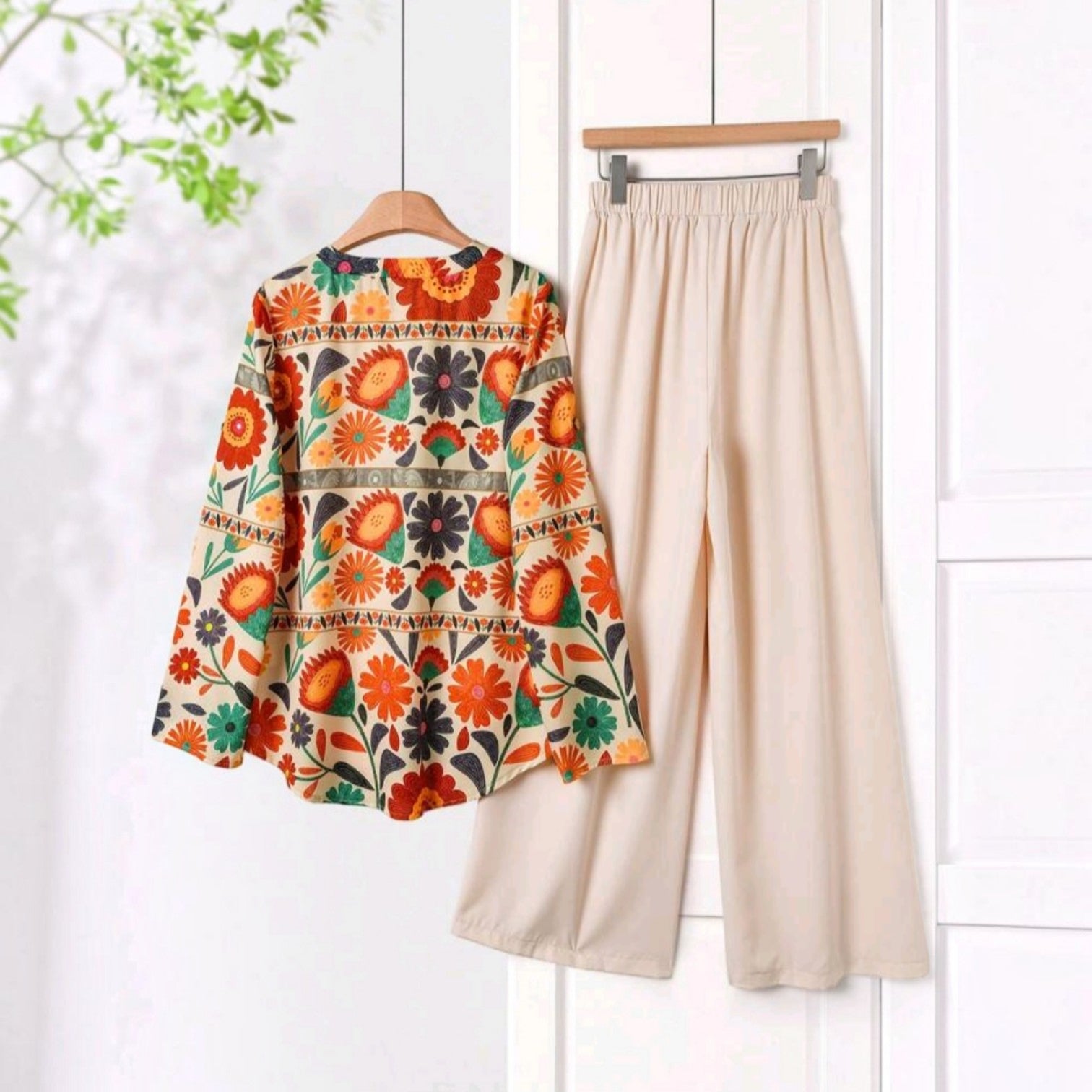 Conjunto Ibravacr de blusa con estampado floral vibrante y pantalón beige de corte recto en tejido ligero