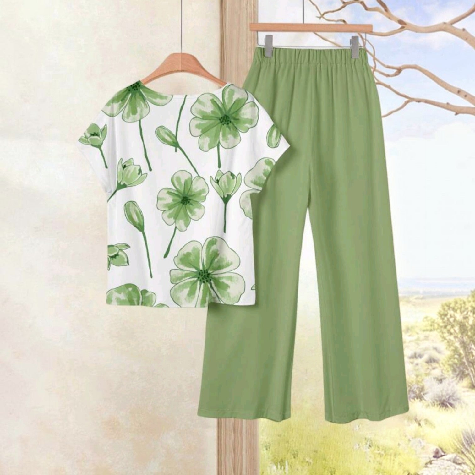 Conjunto Ibravacr de blusa blanca con estampado botánico verde y pantalón holgado de pierna ancha en color verde sólido