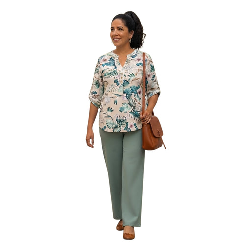 Modelo Ibravacr vistiendo conjunto de blusa con estampado botánico y pantalón recto verde fluido para mujer