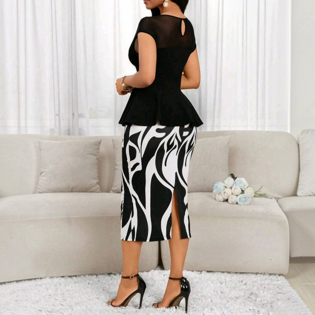 Conjunto Ibravacr de blusa negra peplum con malla y falda midi ajustada de estampado abstracto blanco y negro