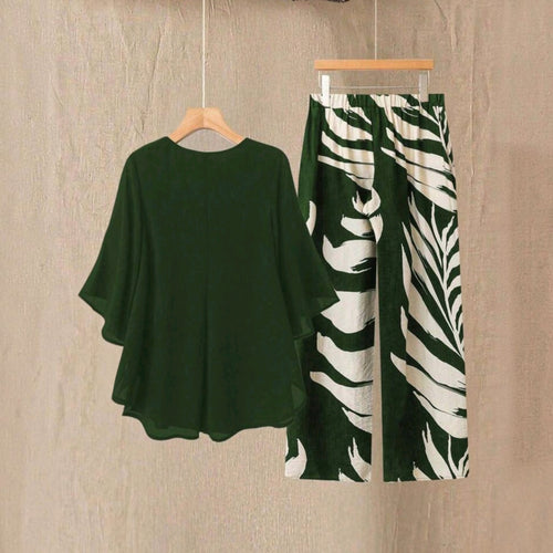 Conjunto Ibravacr de blusa verde bosque con mangas acampanadas y pantalones de pierna ancha con estampado botánico