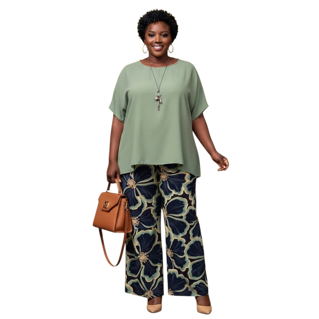 Modelo con conjunto Ibravacr de blusa verde oliva holgada y pantalón ancho con estampado floral oscuro y crema
