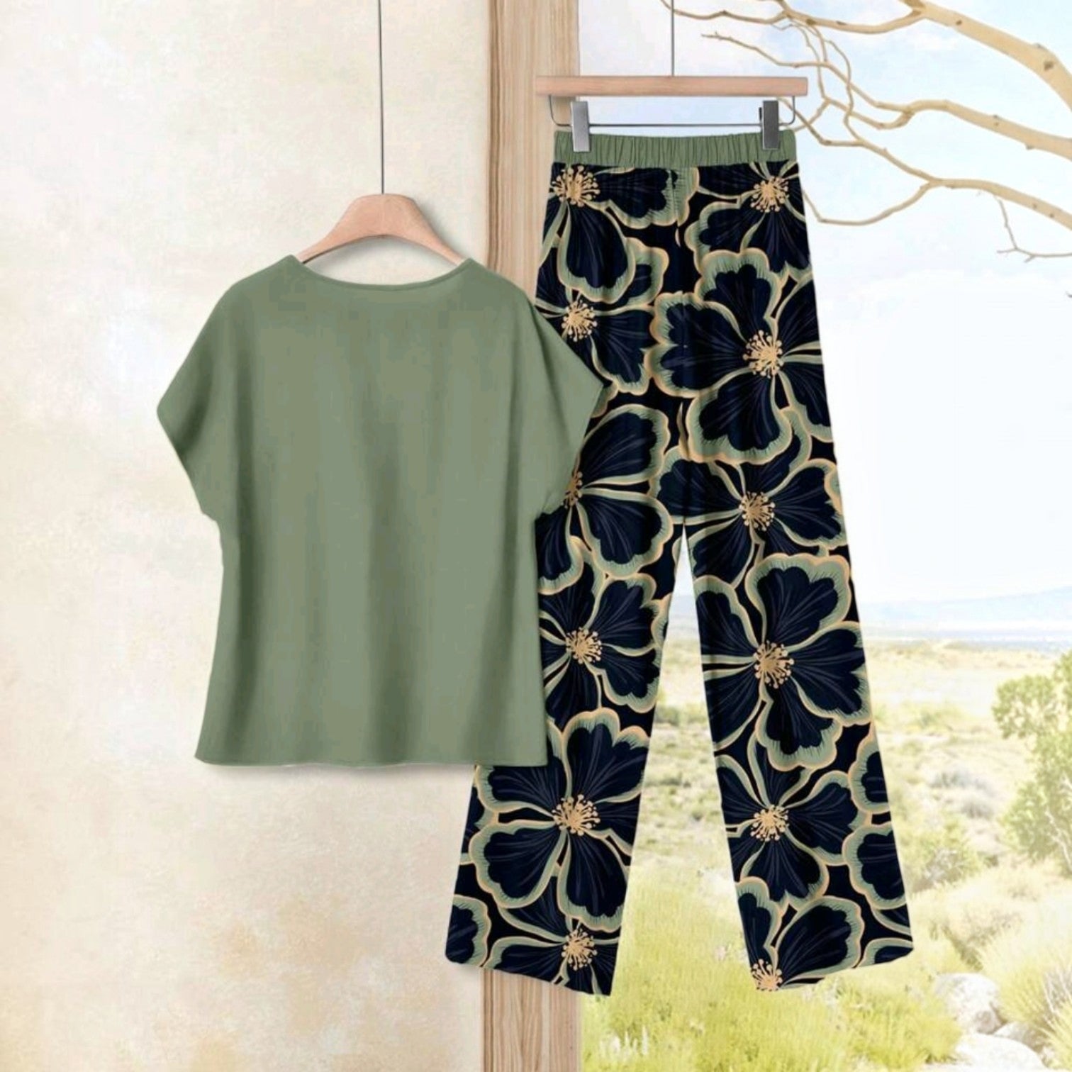 Conjunto de dos piezas Ibravacr con blusa verde oliva de manga corta y pantalón ancho con estampado floral oscuro.