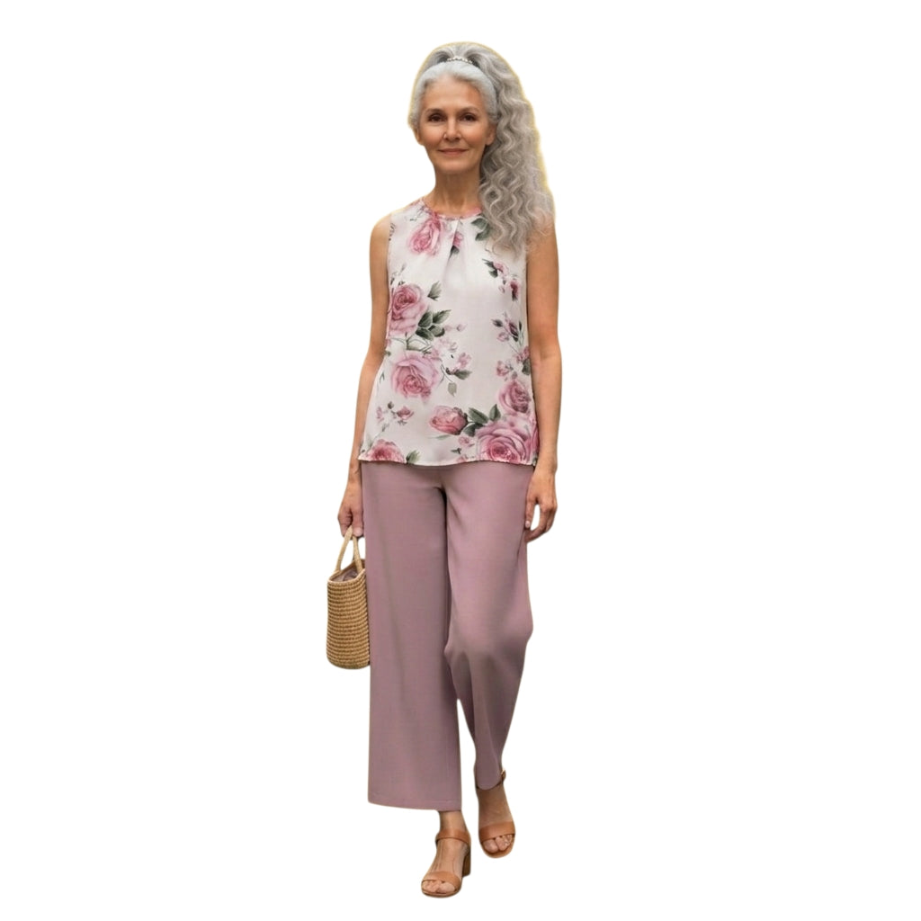 Conjunto Ibravacr de dos piezas con blusa floral sin mangas y pantalones anchos rosa para mujer