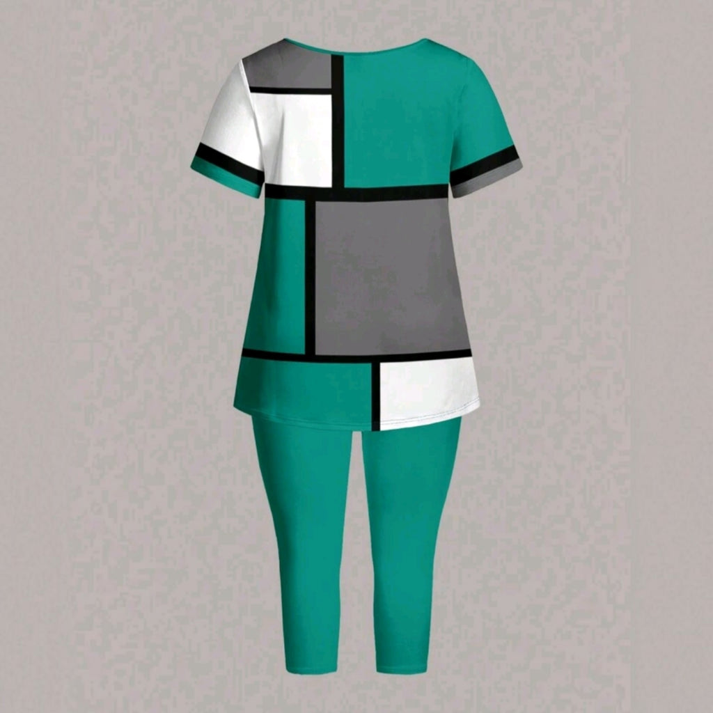 Conjunto de dos piezas Ibravacr con blusa de estampado geométrico verde, gris y blanco y pantalón capri verde sólido.