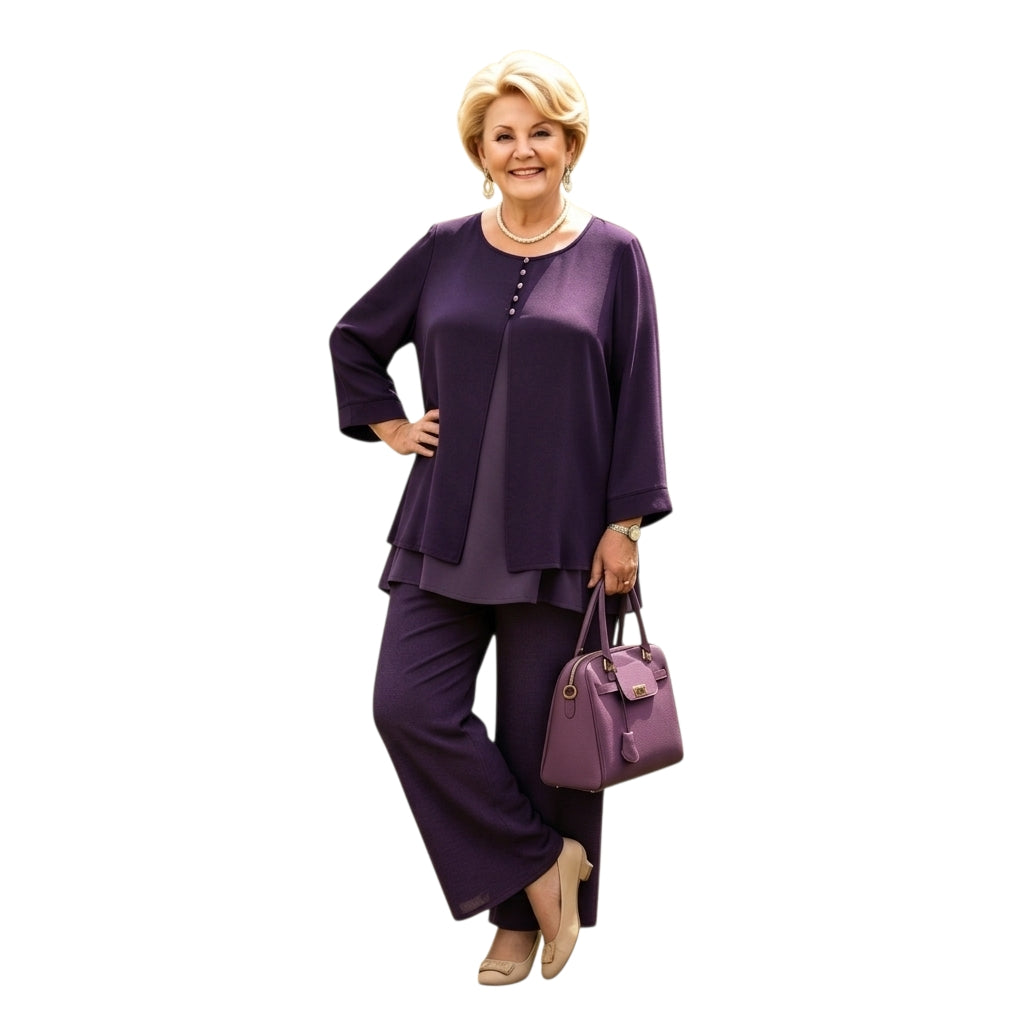 Mujer madura elegante vistiendo un conjunto Ibravacr de dos piezas púrpura con blusa fluida y pantalón recto