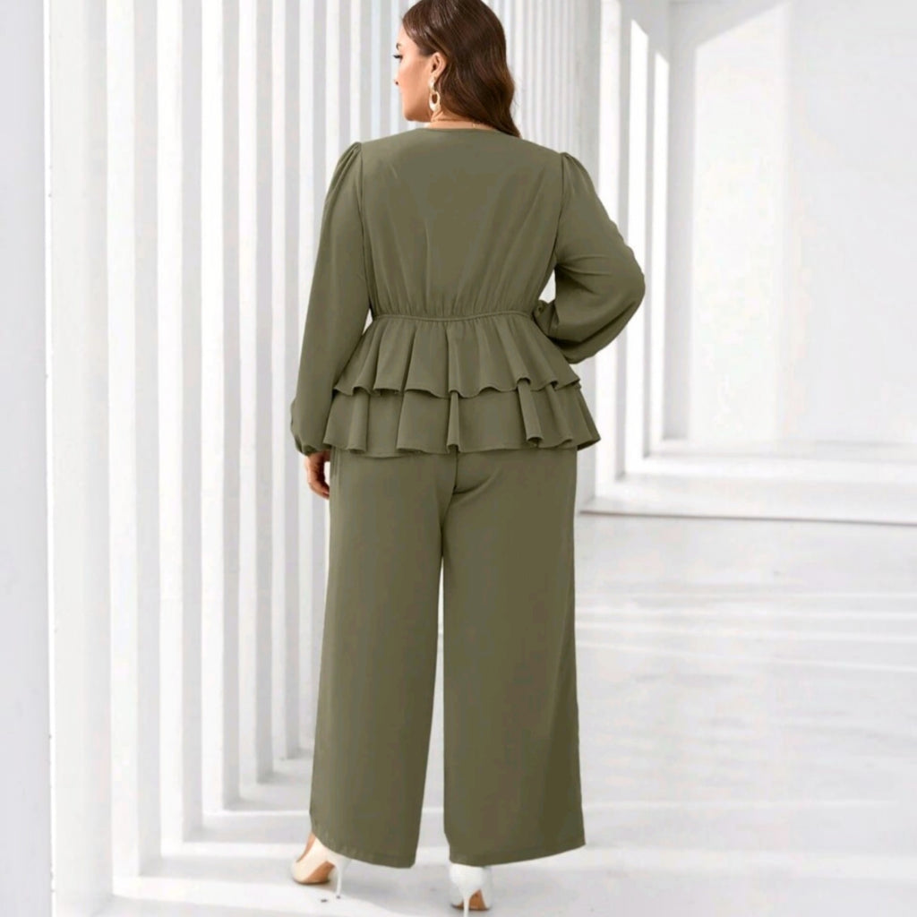 Conjunto de dos piezas Ibravacr verde oliva con blusa de volantes y pantalón recto de tiro alto para mujer