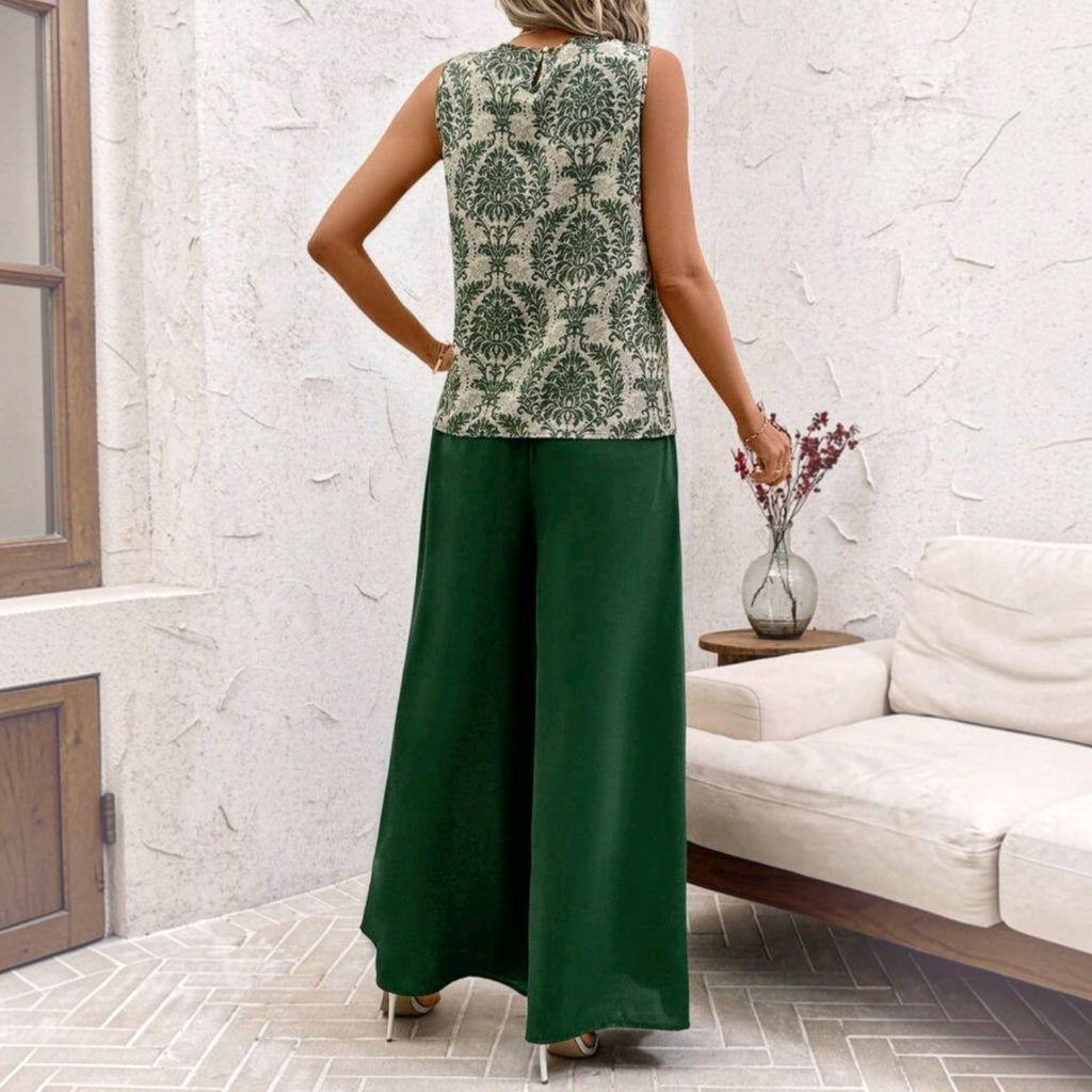Conjunto Ibravacr de dos piezas con blusa sin mangas de estampado botánico y pantalones verde bosque de pierna ancha