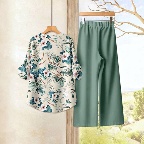 Conjunto Ibravacr de blusa con estampado botánico y pantalón recto verde fluido de cintura elástica