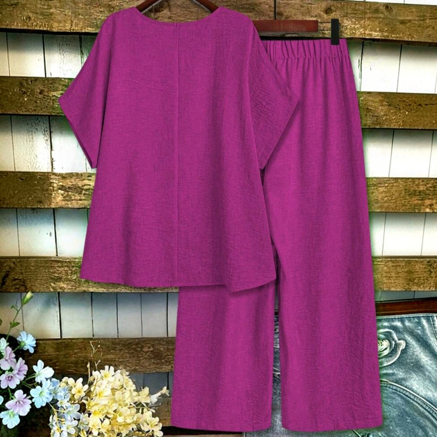 Conjunto de dos piezas Ibravacr en color púrpura con blusa holgada de manga corta y pantalones de pierna ancha