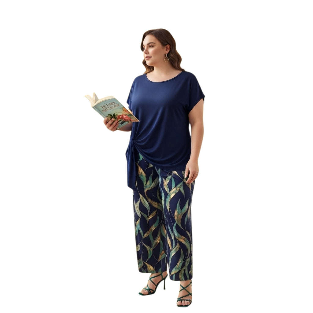 Conjunto de talla grande Ibravacr con blusa azul marino de nudo lateral y pantalones de pierna ancha con estampado