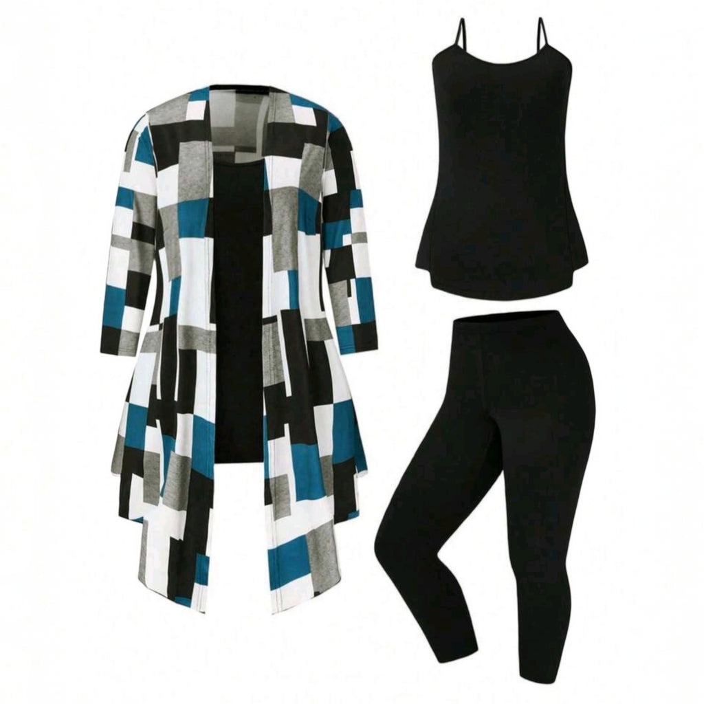 Conjunto de tres piezas Ibravacr con cárdigan estampado geométrico azul, negro y gris, blusa negra y leggings negros.