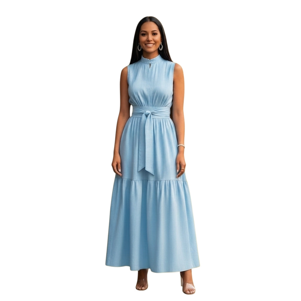 Modelo vistiendo un vestido largo Ibravacr azul cielo sin mangas con cuello alto y cinturón ajustable en la cintura.