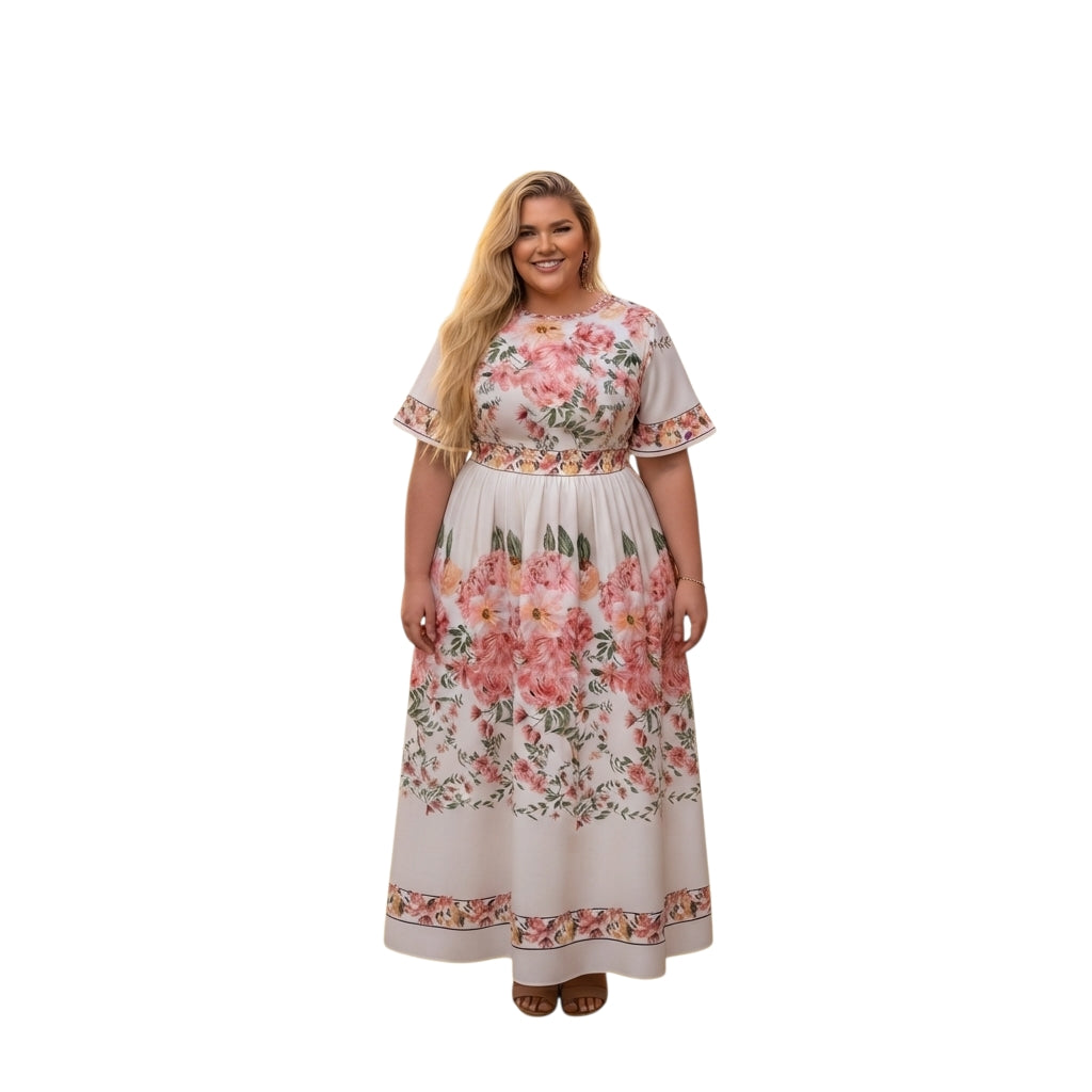 Modelo rubia vistiendo un vestido largo Ibravacr color crema con estampado floral rosa y verde y mangas cortas