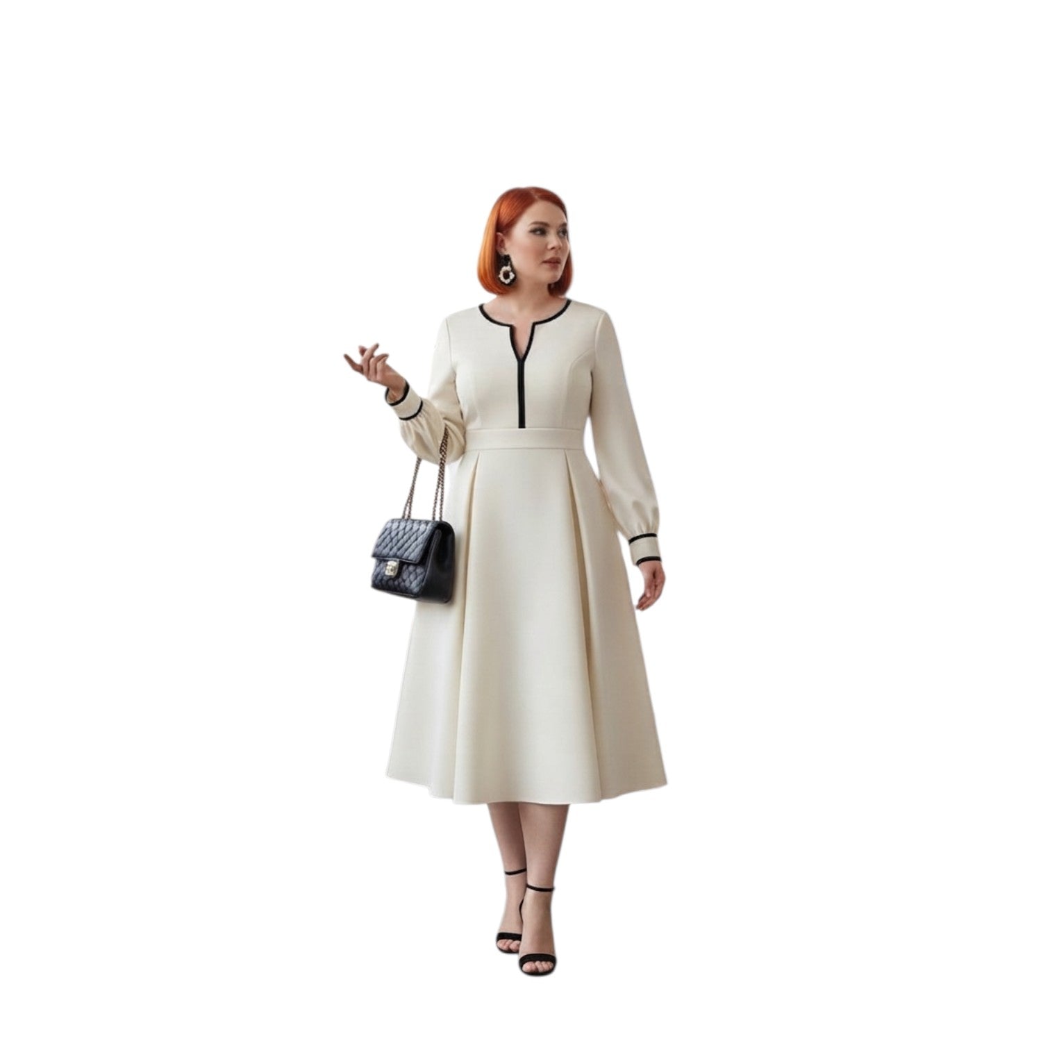 Modelo con vestido midi Ibravacr color crema de manga larga con detalles en negro, estilo elegante y profesional.