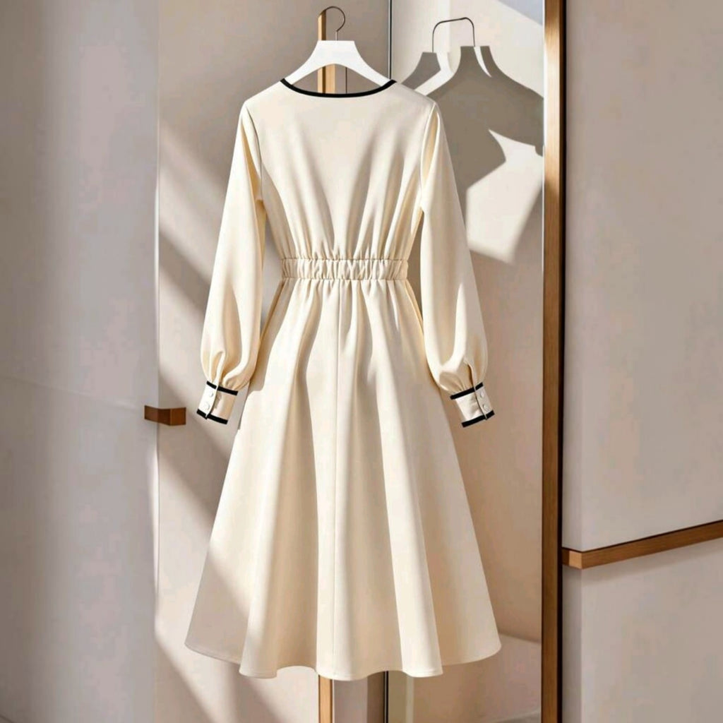 Vestido midi Ibravacr color crema con mangas largas abullonadas, detalles en contraste negro y cintura elástica.