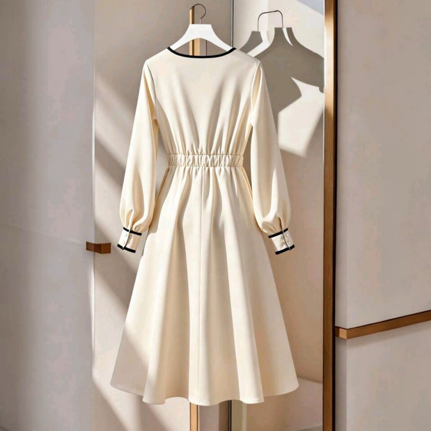 Vestido midi Ibravacr color crema con mangas largas abullonadas, detalles en contraste negro y cintura elástica.