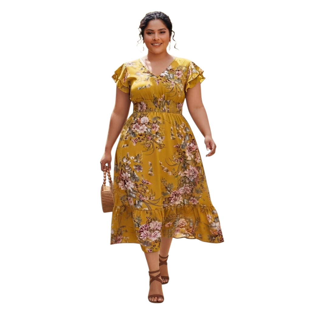 Modelo vistiendo vestido midi Ibravacr mostaza con estampado floral, mangas con volantes y cintura elástica