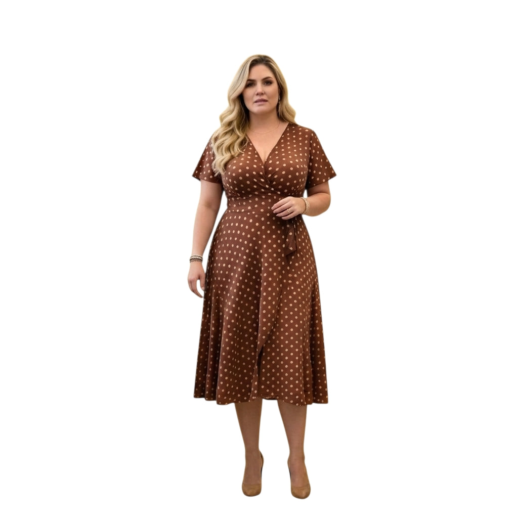 Modelo vistiendo vestido midi Ibravacr marrón con lunares blancos, corte cruzado, escote en V y mangas cortas.