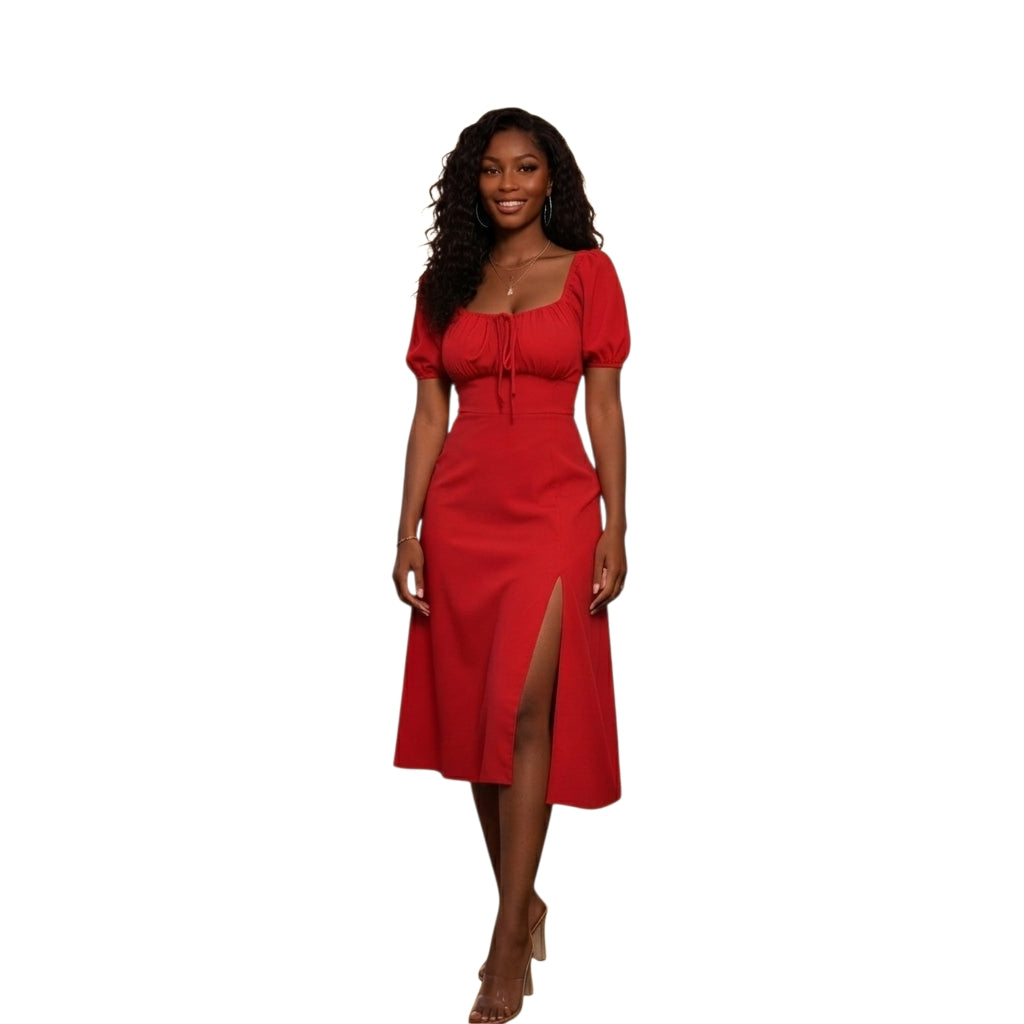 Modelo vistiendo un elegante vestido midi rojo Ibravacr con escote cuadrado, mangas abullonadas y abertura lateral.