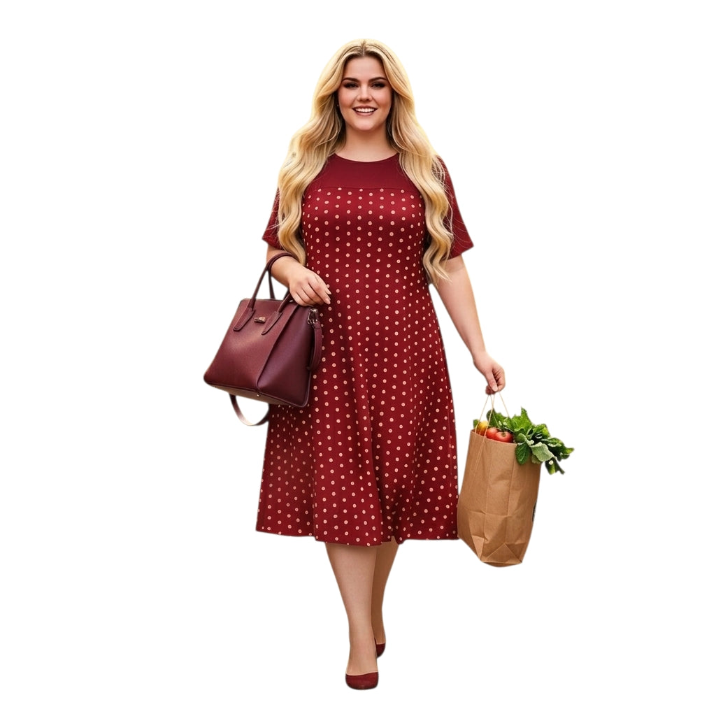 Mujer rubia sonriente vistiendo un vestido midi rojo Ibravacr con estampado de lunares y panel superior liso