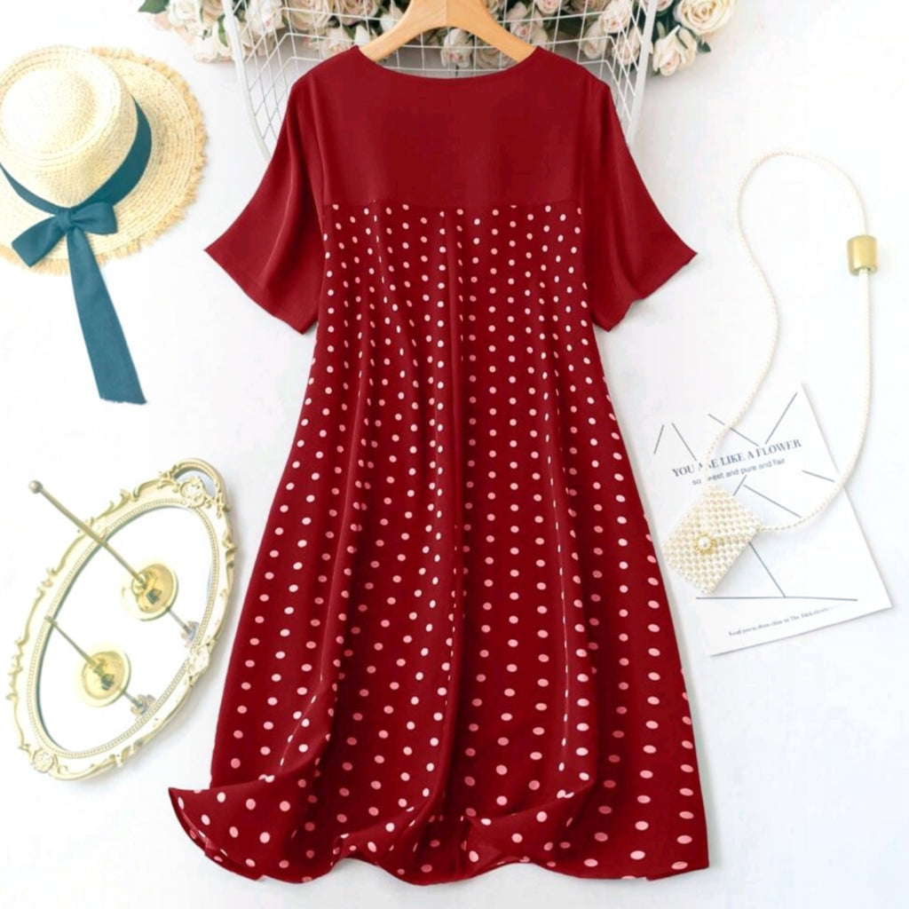 Vestido midi Ibravacr rojo de manga corta con estampado de lunares y panel superior liso en estilo casual