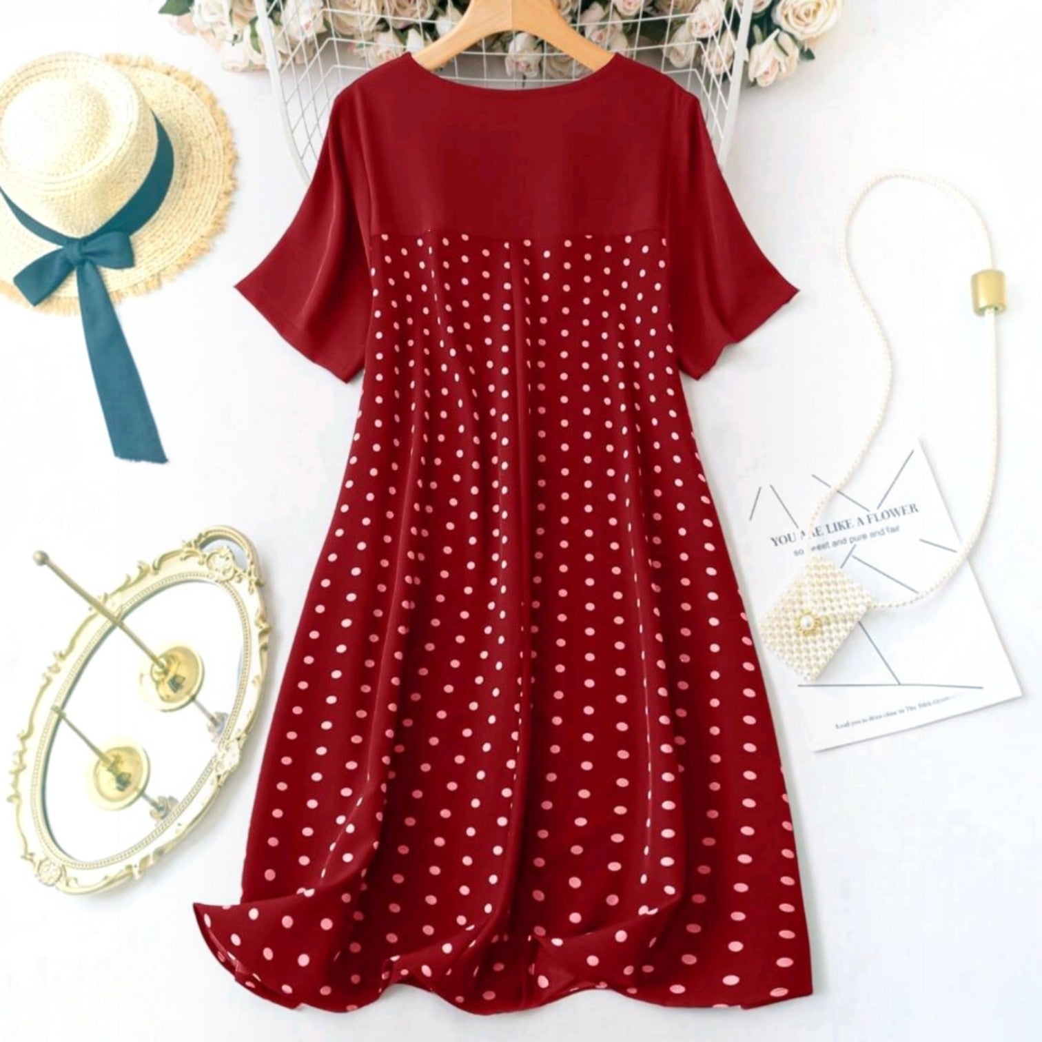 Vestido midi Ibravacr rojo de manga corta con estampado de lunares y panel superior liso en estilo casual