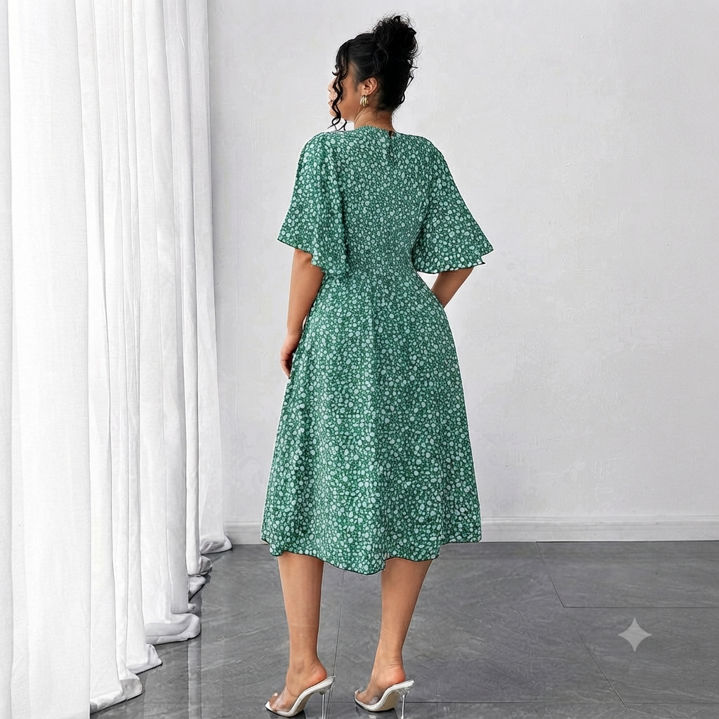 Vestido midi verde Ibravacr con estampado floral, cintura entallada y mangas acampanadas tipo mariposa