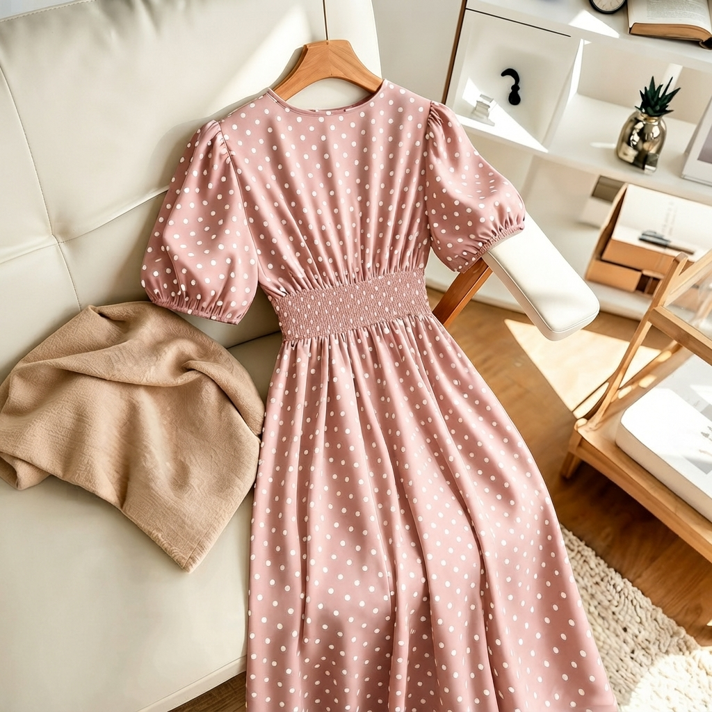 Vestido Rosa con Puntos Blancos