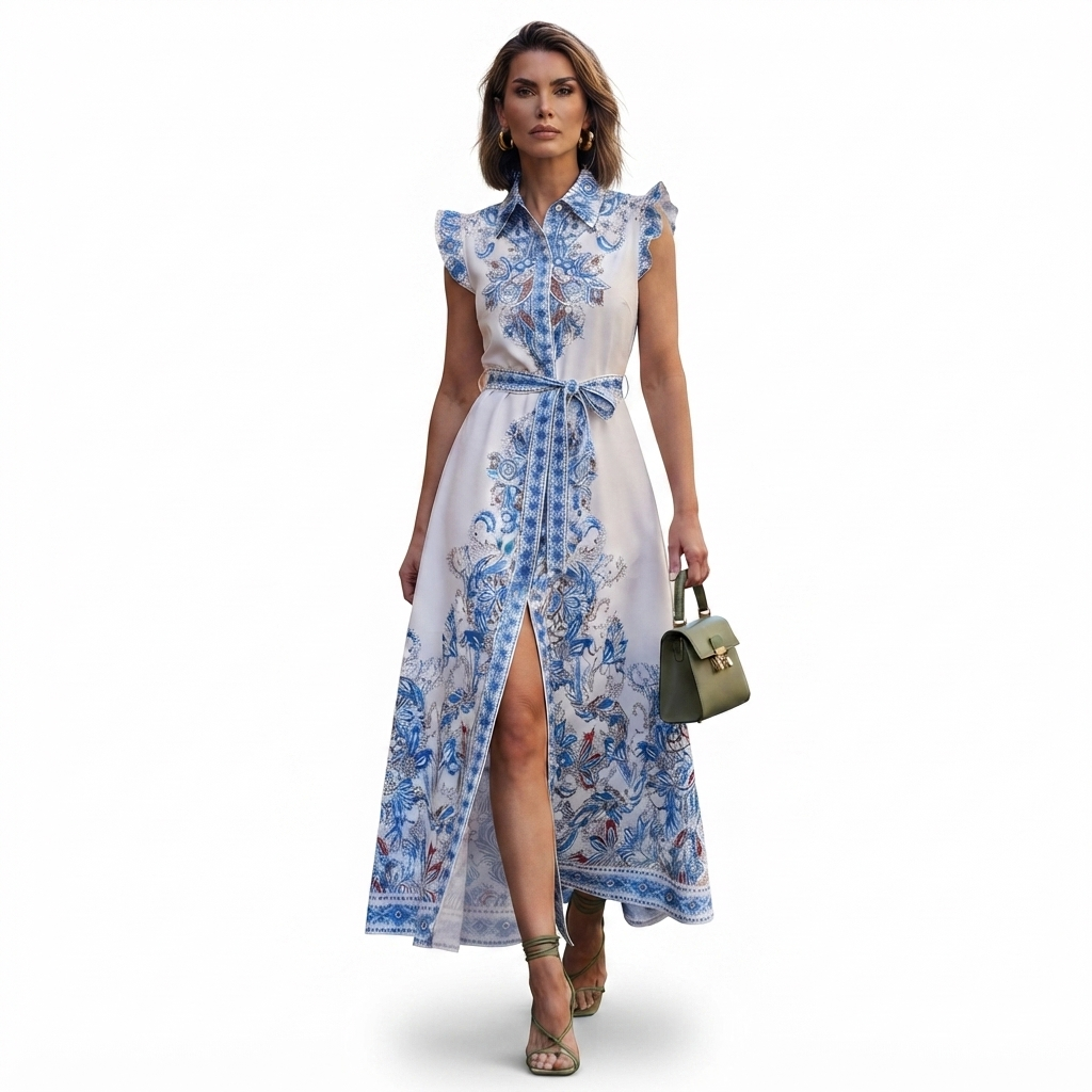 Vestido Blanco con Estampado Azul