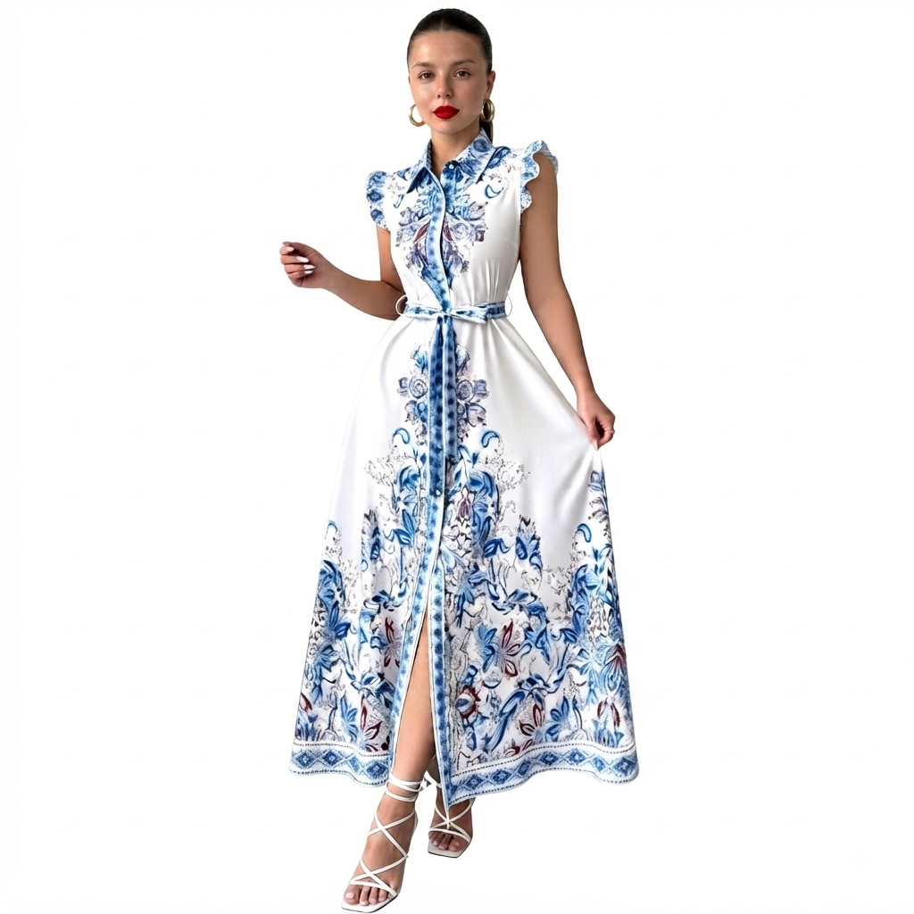 Vestido Blanco con Estampado Azul
