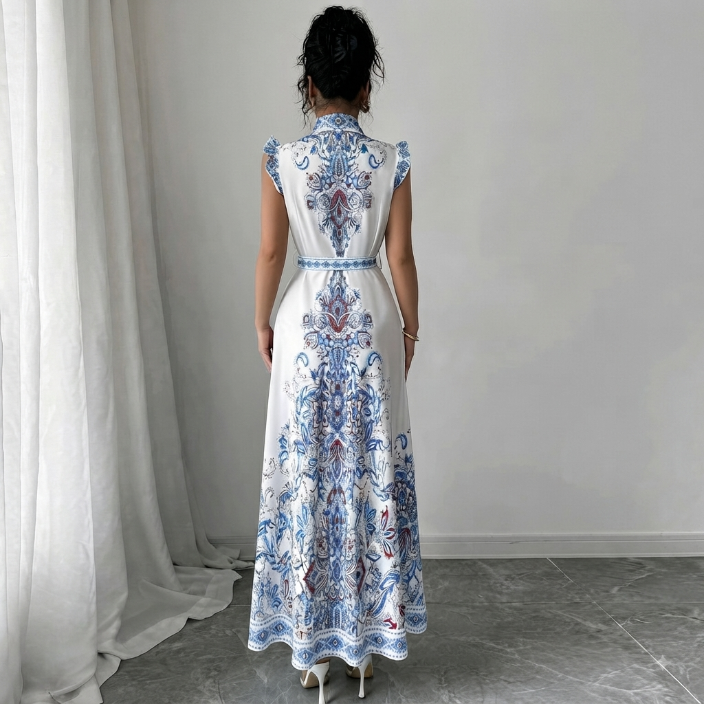 Vestido Blanco con Estampado Azul